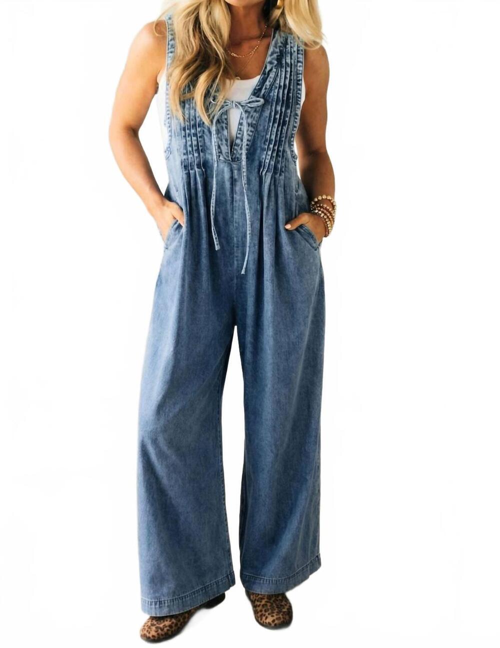 NEW DEAR LOVER denim pintuck wide leg jumpsuit in blue